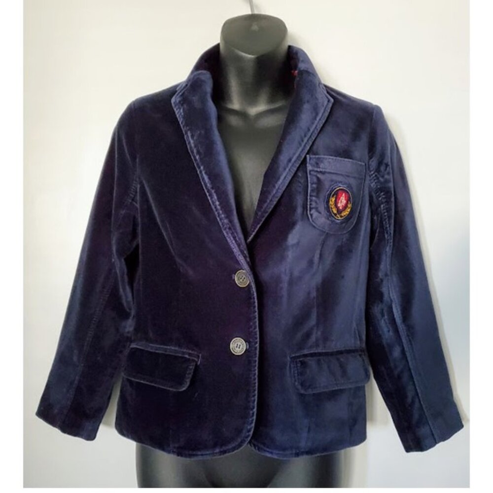 A & F Girls Velvet Embroidered Crest Navy Blazer Jacket Sz M Collegiate Preppy - Picture 1 of 10
